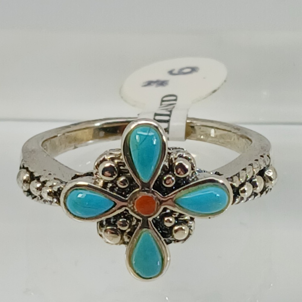Vintage 90s BOMA Sterling Silver Turquoise Coral Flower Ring Size 6 Thailand NOS - Picture 16 of 16